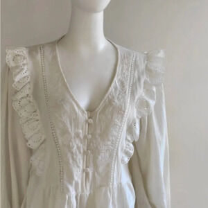 Vintage Inspired By ESQ  Women's Cotton Ballon-Sleeve Top Blouse L